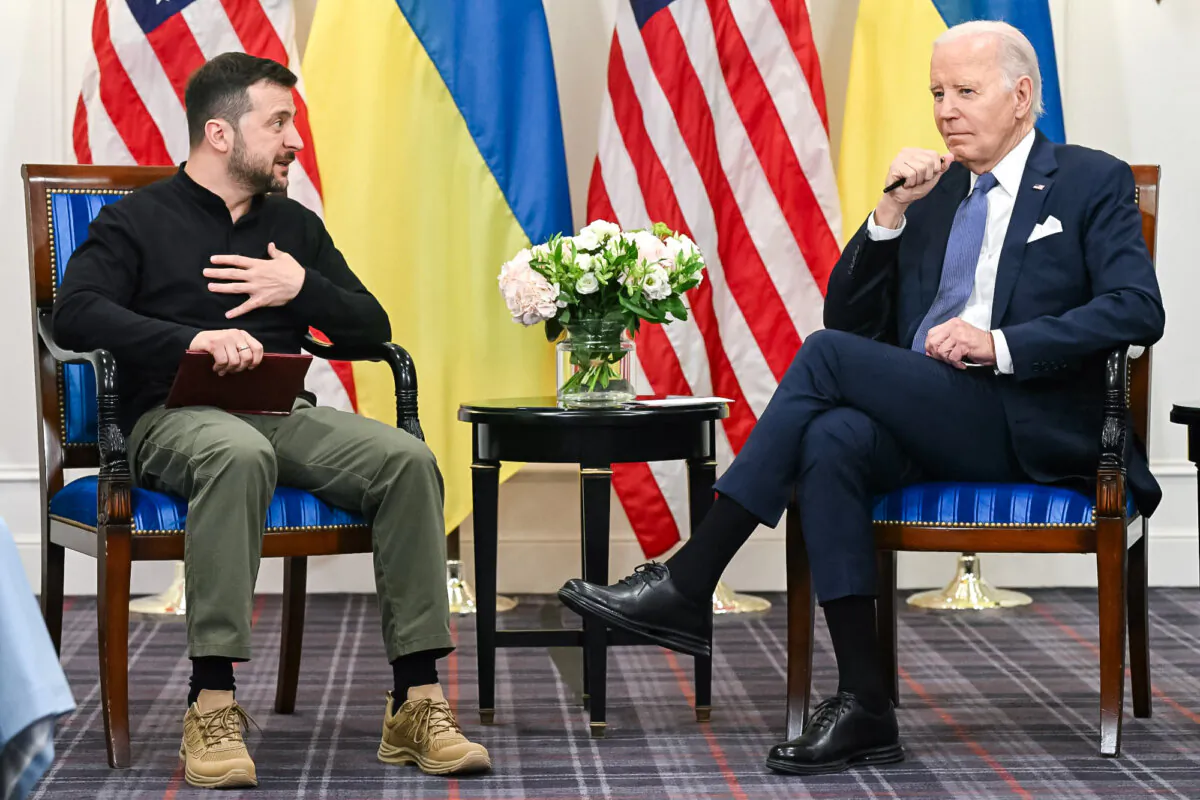 U.S. President Joe Biden (R) and Ukraine's President Volodymyr Zelensky (L) hold a bilateral meeting at the Intercontinental Hotel in Paris on June 7, 2024. (Saul Loeb/AFP via Getty Images)