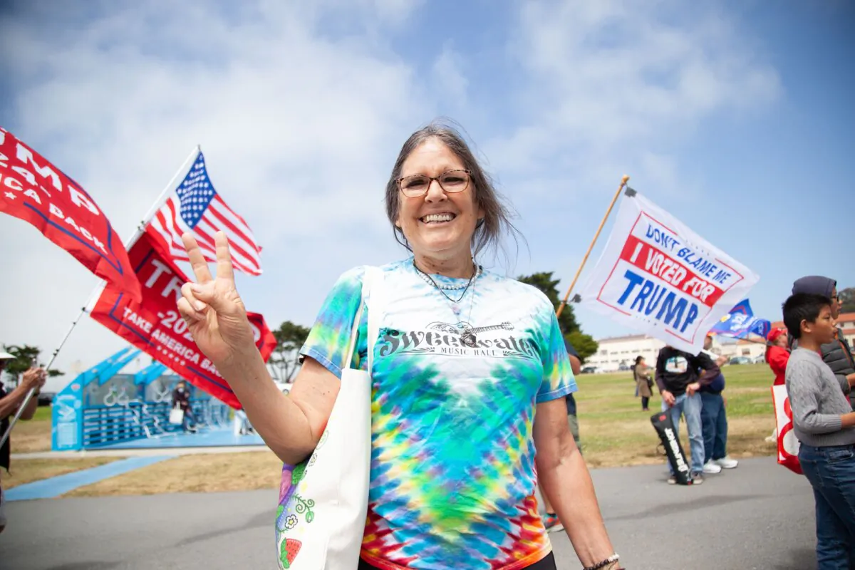 Dorothy Dent of Santa Barbara, California, attends a flag-waving show of support for former President Donald Trump in San Francisco on June 6, 2024. (Lear Zhou/The Epoch Times)