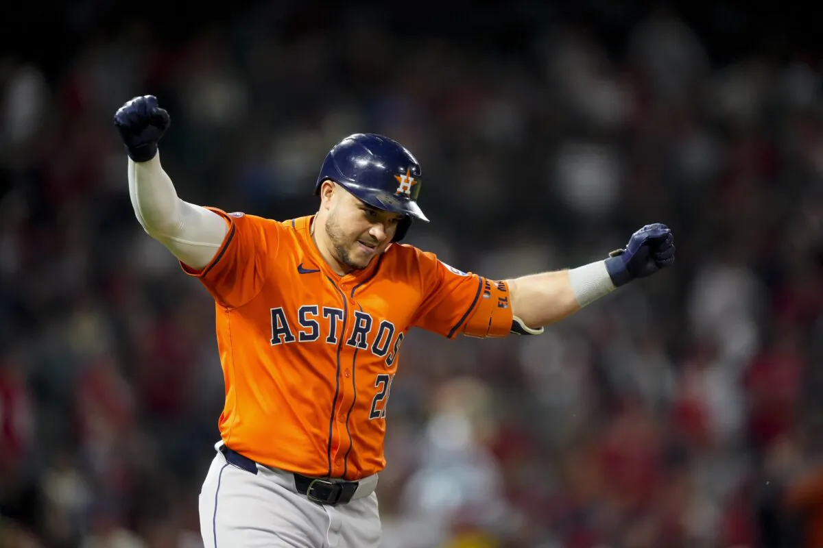 Houston Astros designated hitter Yainer Diaz celebrates after hitting a two-run home run to score Yordan Alvarez during the seventh inning of a baseball game against the Los Angeles Angels in Anaheim, Calif., on June 7, 2024. (Ryan Sun/AP Photo)