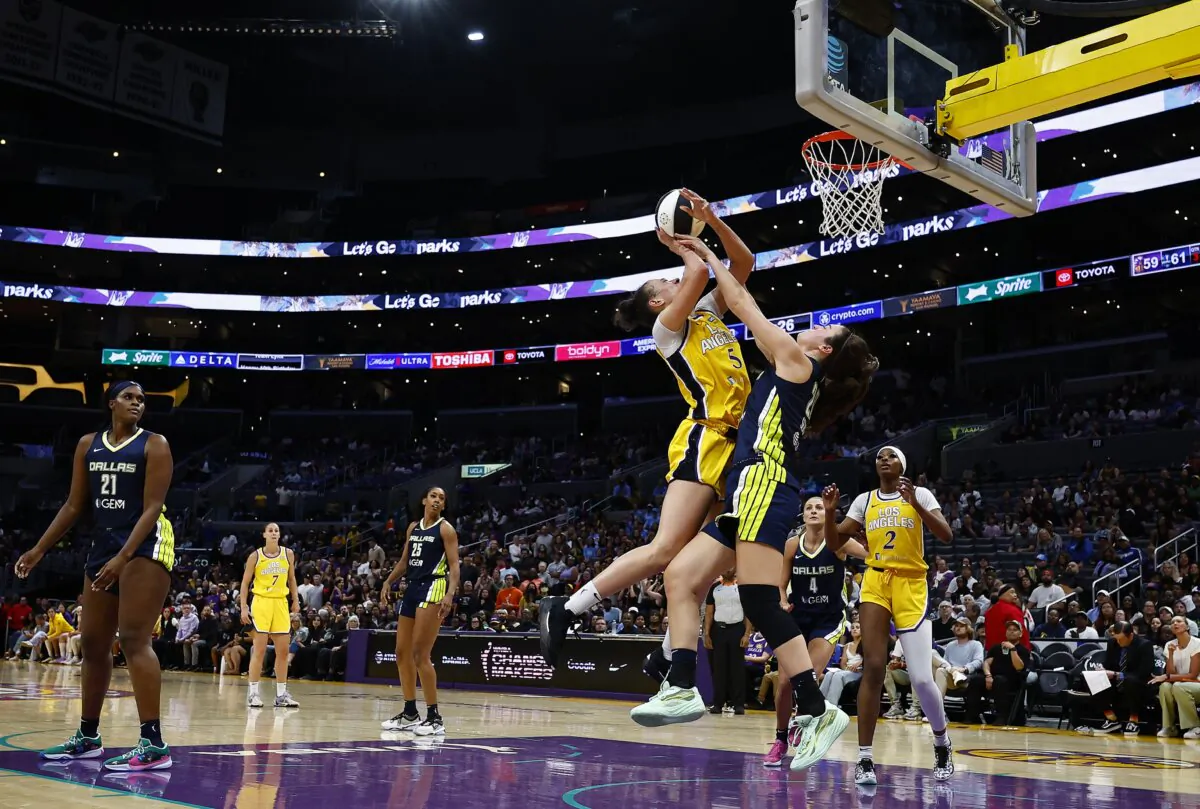 Dearica Hamby (5) of the Los Angeles Sparks is fouled by Maddy Siegrist (20) of the Dallas Wings in the second half in Los Angeles on June 7, 2024. (Ronald Martinez/Getty Images)