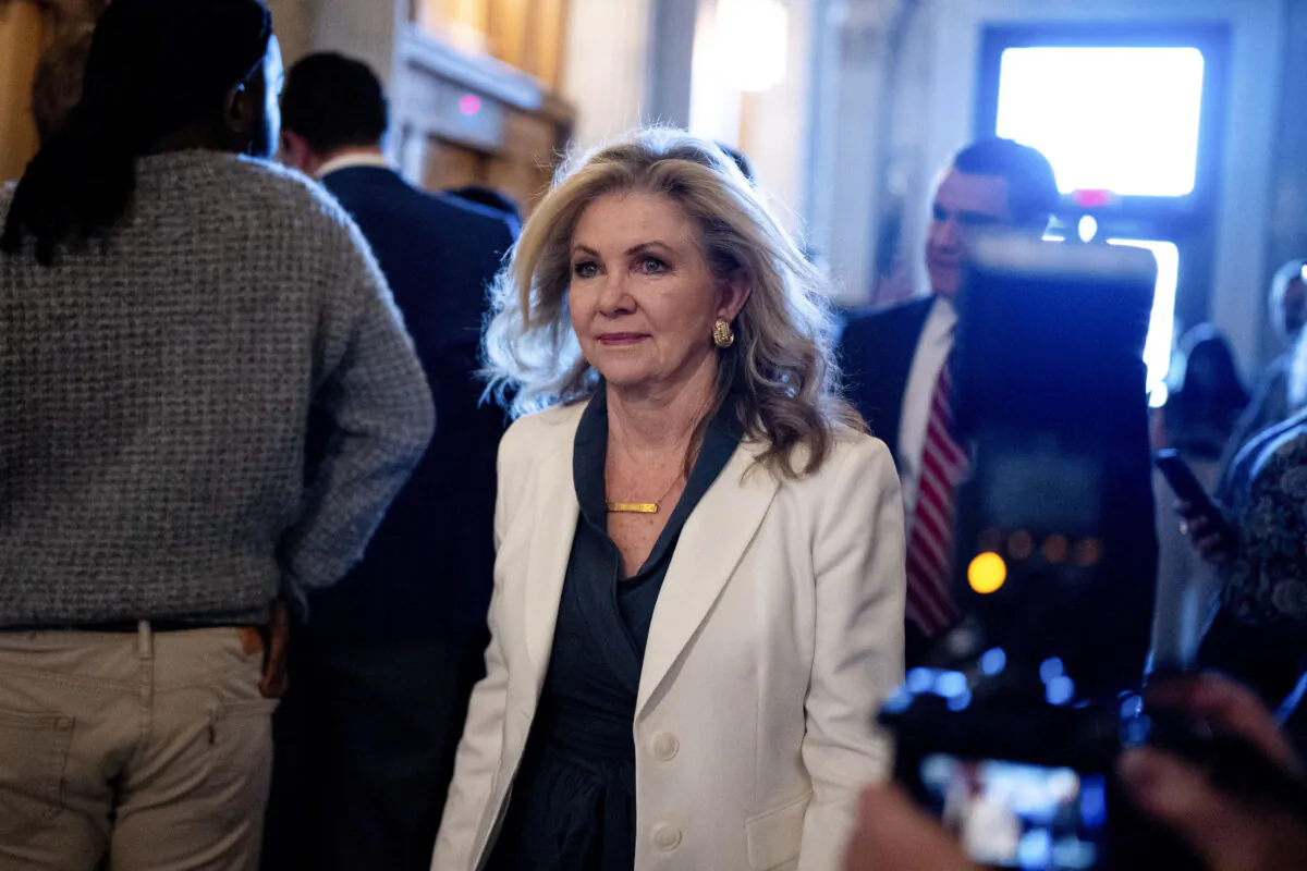 Sen. Marsha Blackburn (R-Tenn.) walks into the Senate Chamber on Capitol Hill in Washington on April 23, 2024. (Andrew Harnik/Getty Images)
