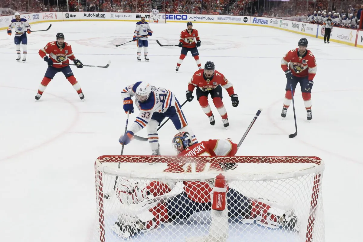 Sergei Bobrovsky (72) of the Florida Panthers makes a save against Ryan Nugent-Hopkins (93) of the Edmonton Oilers in Game One of the 2024 Stanley Cup Final in Sunrise, Florida, on June 8, 2024. (Bruce Bennett/Getty Images)