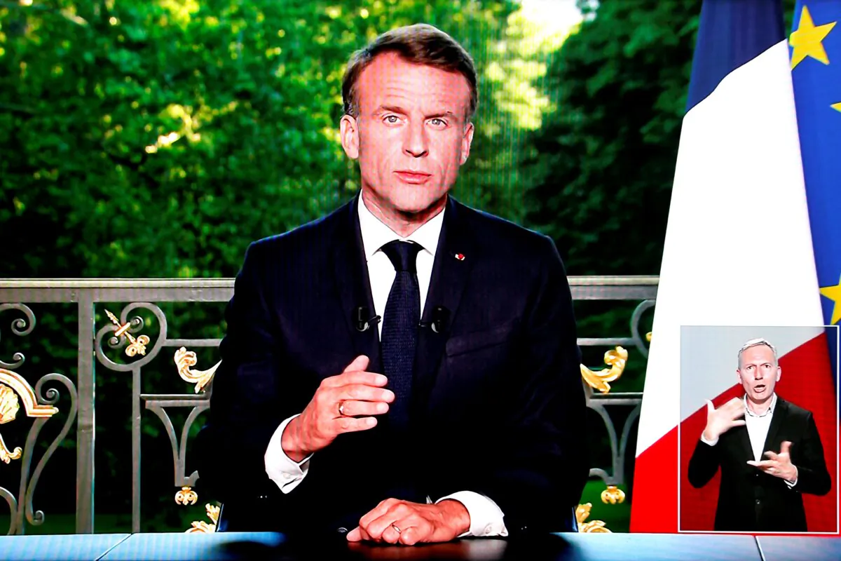A screen shot shows France's President Emmanuel Macron speaking during a televised address to the nation during which he announced he is dissolving the National Assembly, French Parliament lower house, and calls new general elections on June 30, in Paris on June 9, 2024. (Ludovic Marin/AFP via Getty Images)