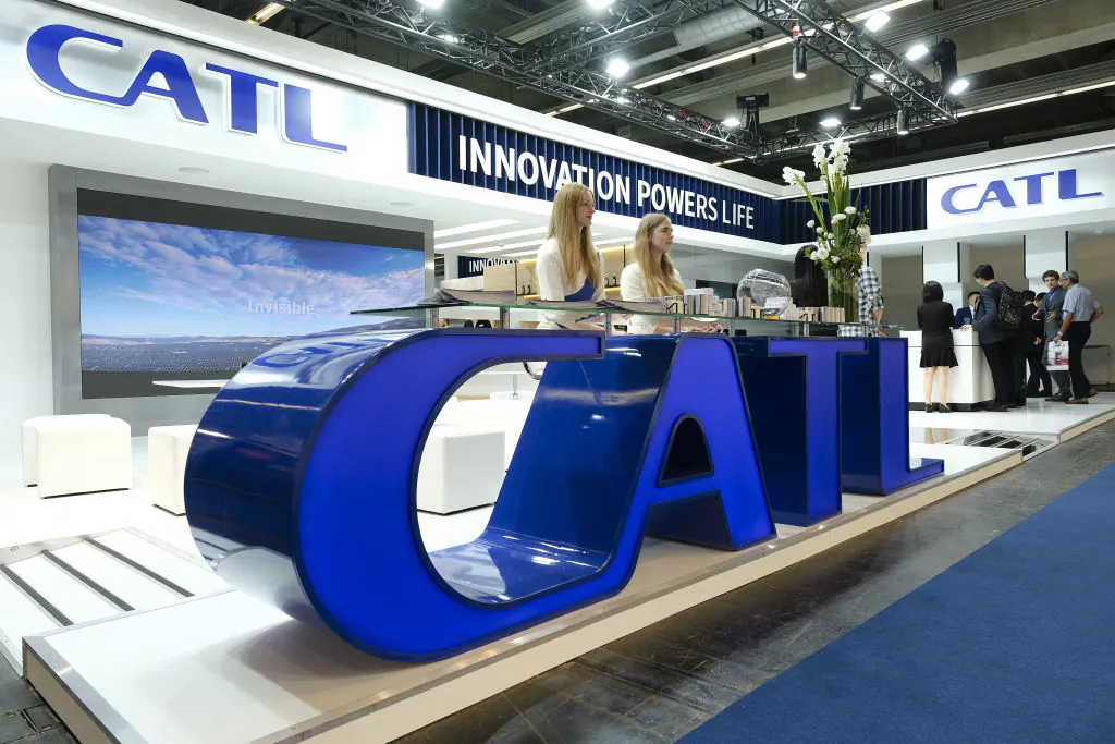 CATL, a Chinese electric battery maker, displays its wares at the 2019 IAA Frankfurt Auto Show in Frankfurt am Main, Germany, on Sept. 11, 2019. (Sean Gallup/Getty Images)