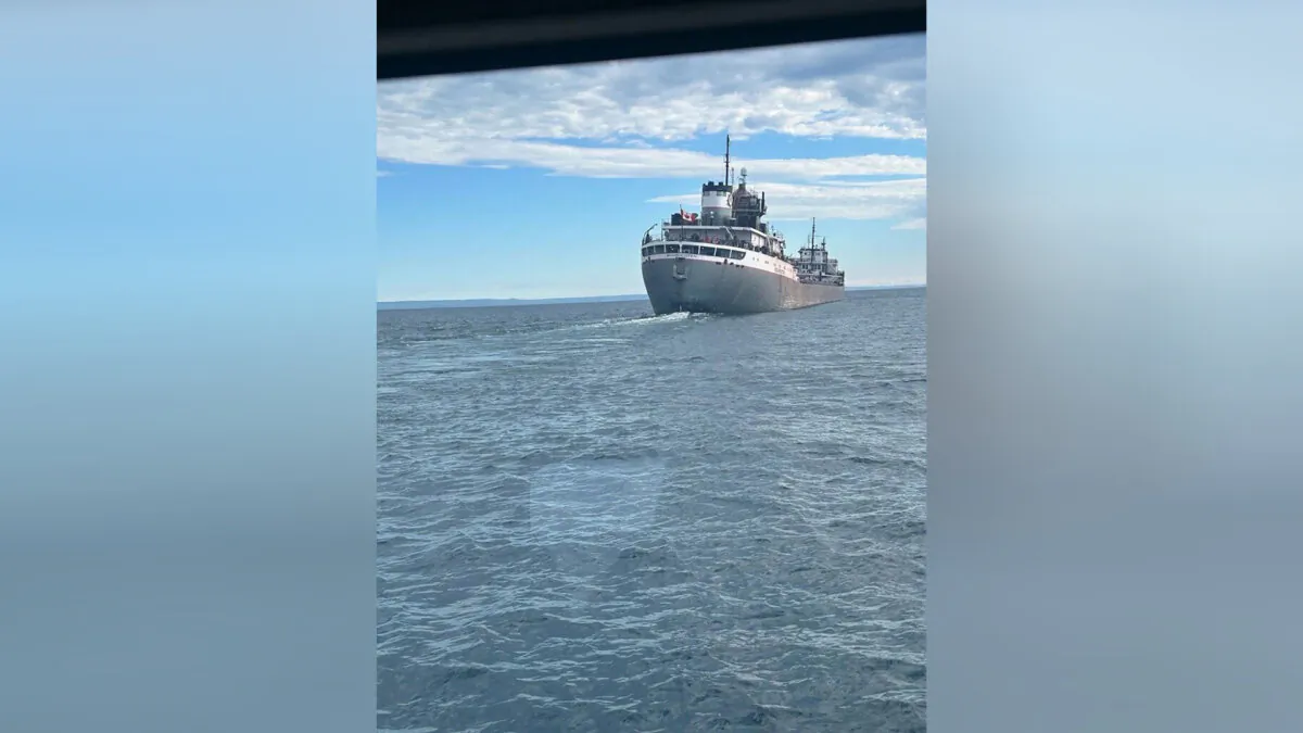 The bulk carrier Michipicoten safely anchored in Thunder Bay, Ontario, after combating flooding in Lake Superior on June 8, 2024. (U.S. Coast Guard District 9)