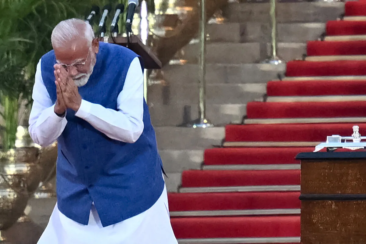 India’s Bharatiya Janata Party leader, Narendra Modi bows as he arrives to take the oath of office for his third term as prime minister, during the oath-taking ceremony at presidential palace Rashtrapati Bhavan in New Delhi on June 9, 2024. (Money Sharma / AFP via Getty Images)