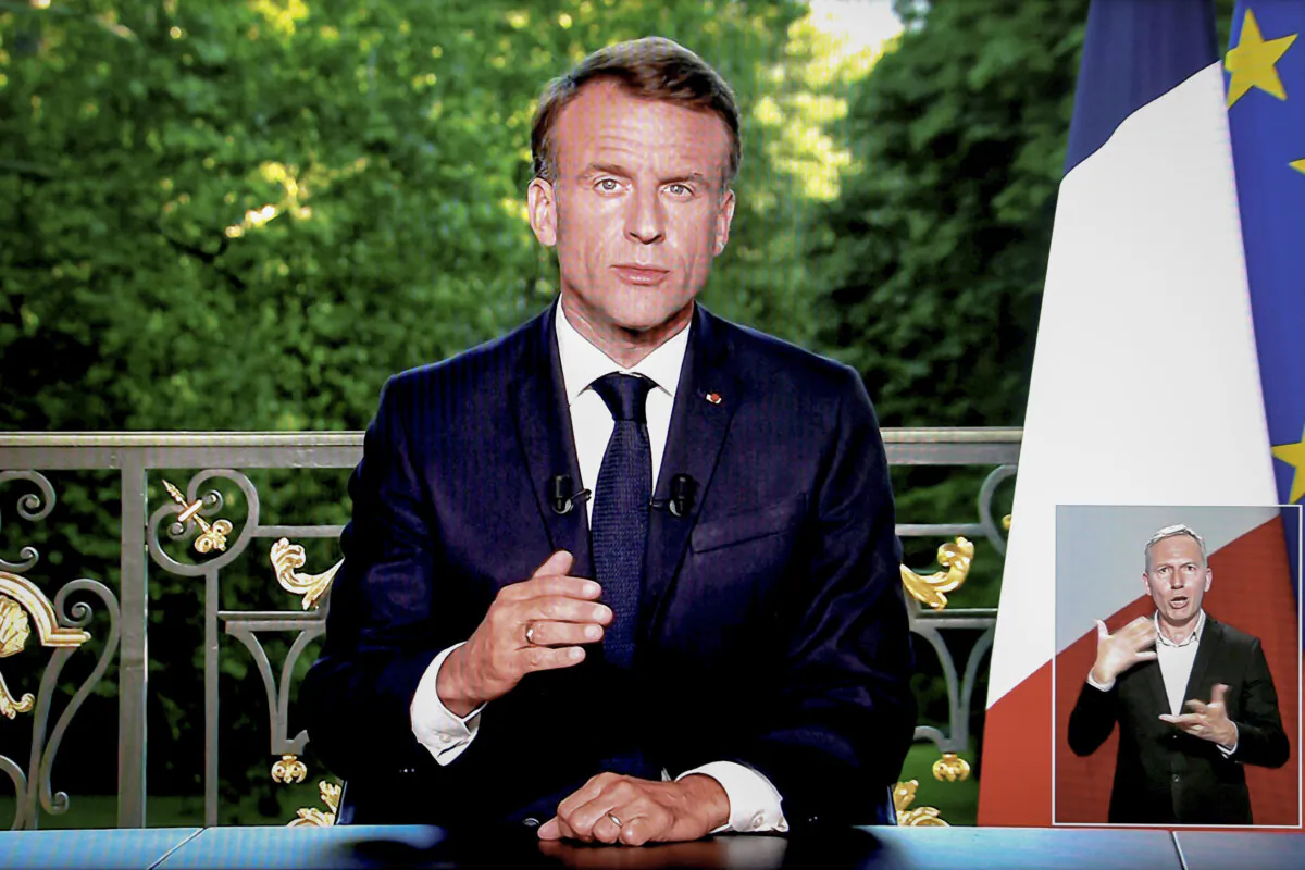 A screen shot shows France's President Emmanuel Macron speaking during a televised address to the nation during which he announced he is dissolving the National Assembly, French Parliament lower house, and calls new general elections on June 30, in Paris on June 9, 2024. (Ludovic Marin/AFP via Getty Images)