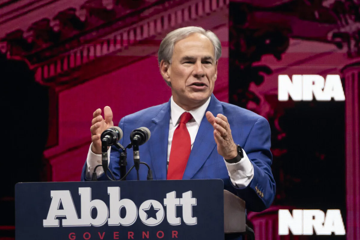 Texas Gov. Greg Abbott speaks during the National Rifle Association (NRA) at the Kay Bailey Hutchison Convention Center in Dallas, Texas, on May 18, 2024. (Madalina Vasiliu/The Epoch Times)