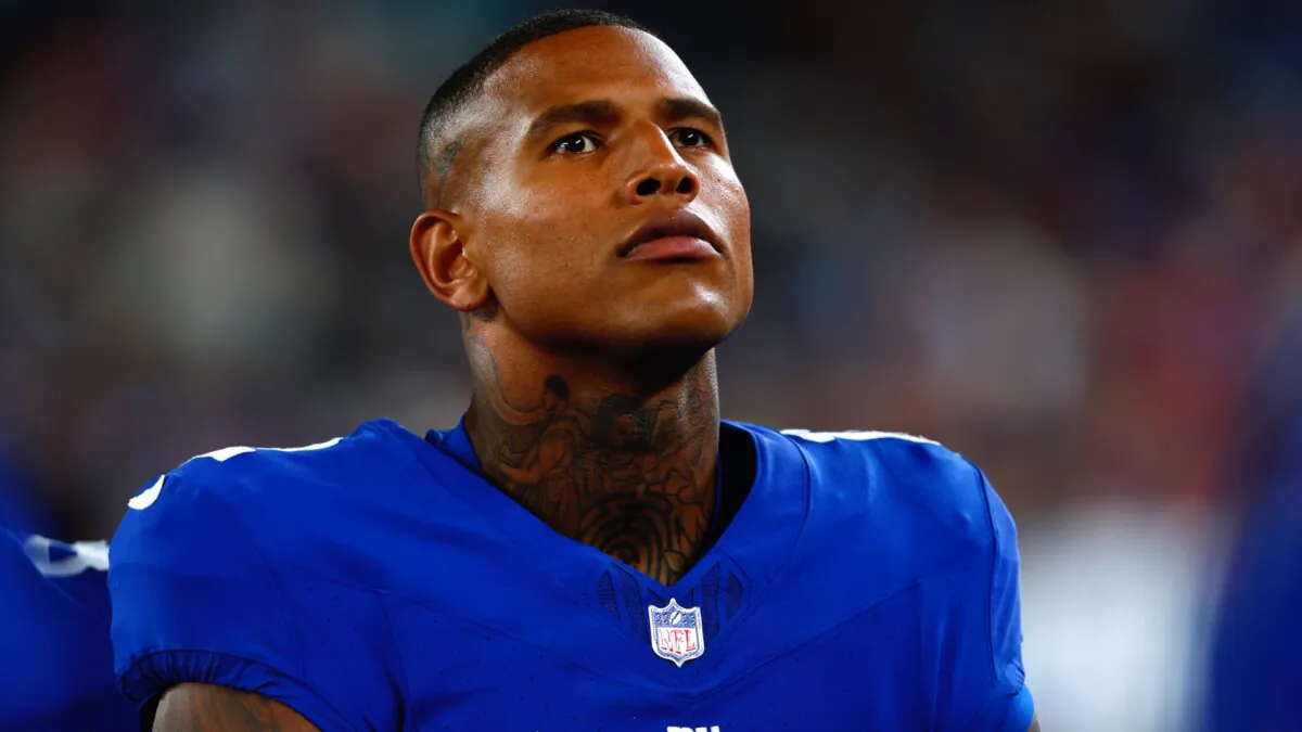 Darren Waller (12) of the New York Giants on the sidelines during a pre-season football game against the Carolina Panthers at MetLife Stadium in East Rutherford, N.J., on Aug. 18, 2023. (Rich Schultz/Getty Images)