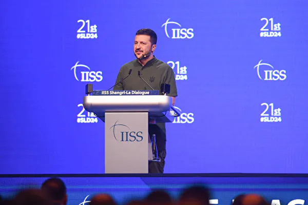 Ukraine's President Volodymyr Zelenskyy speaks during the 21st Shangri-La Dialogue summit in Singapore on June 2, 2024. (Nhac Nguyen/AFP via Getty Images)