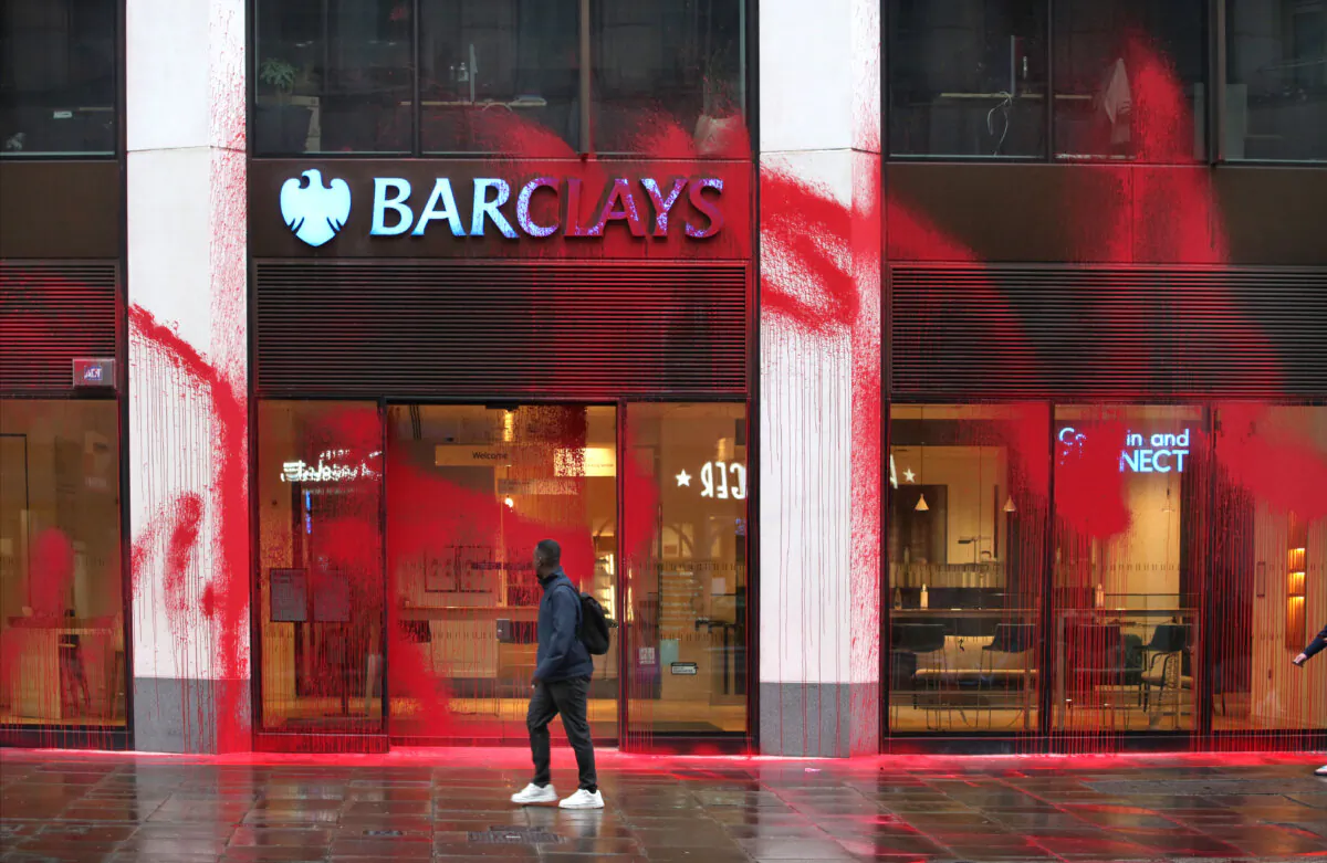 Handout photo issued by Palestine Action of a damaged Barclays in London on June 10, 2024. (Palestine Action/PA Wire)

