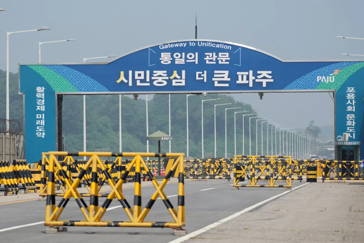Barricades are placed near the Unification Bridge, which leads to the Panmunjom in the Demilitarized Zone in Paju, South Korea, on June 11, 2024. (Lee Jin-man/ AP Photo)
