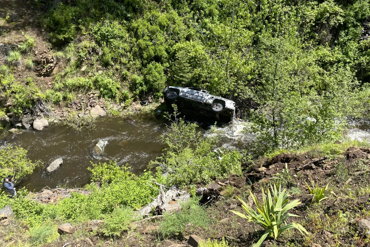 A vehicle after it went into an embankment on U.S. Forest Service Road 39 in Oregon on June 3, 2024. (Baker County Sheriff's Office via AP)