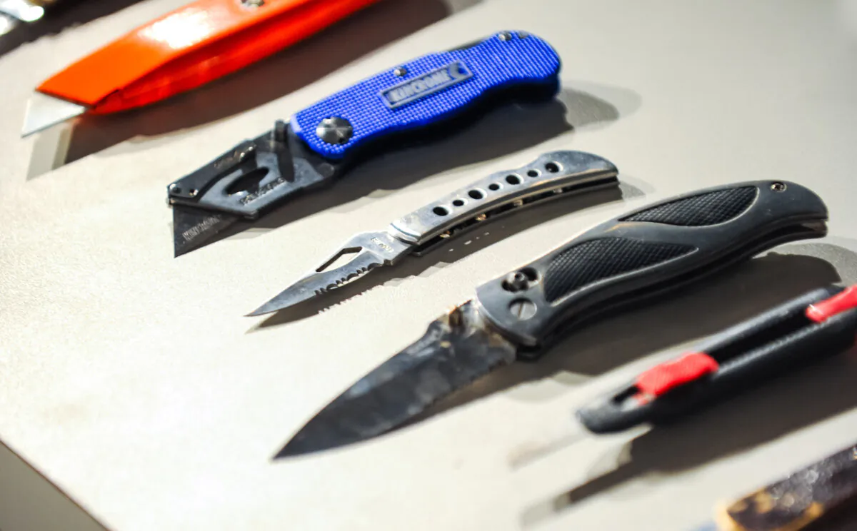 Part of a collection of knives seized by police around transport hubs in the last six months is displayed at the Victoria Police Centre in Melbourne, Australia, on April 1, 2010. (Julian Smith/AAP Image)
