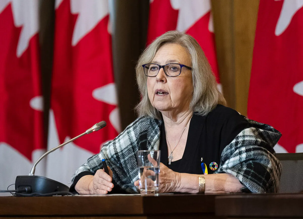 Green Party of Canada Leader Elizabeth May speaks at a news conference on Feb.14, 2023 in Ottawa. (The Canadian Press/Adrian Wyld)