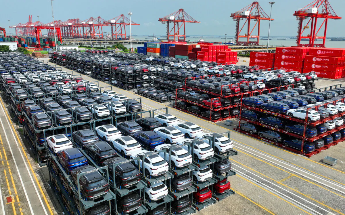 BYD electric cars waiting to be loaded on a ship are stacked at the international container terminal of Taicang Port at Suzhou Port, in China's eastern Jiangsu Province on Sept. 11, 2023. (AFP via Getty Images)