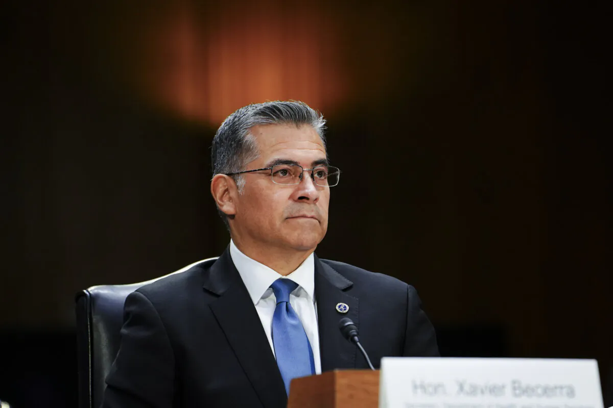 Secretary of the Department of Health and Human Services Xavier Becerra testifies before the Senate Appropriations Committee in Washington on Nov. 8, 2023. (Madalina Vasiliu/The Epoch Times)