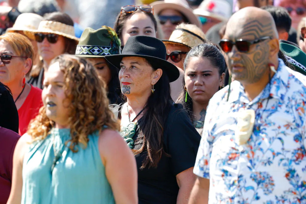 Maori Party co-leader Debbie Ngarewa-Packer (C) and Maori Party co-leader Rawiri Wikuki Waititi (R) looks on during Rātana Celebrations in Whanganui, New Zealand, on Jan. 24, 2023. (Hagen Hopkins/Getty Images)