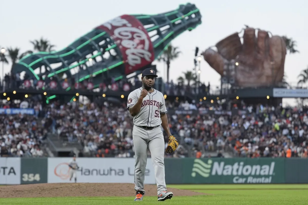 Houston Astros pitcher Ronel Blanco reacts after striking out San Francisco Giants' Matt Chapman to end the sixth inning of a baseball game in San Francisco on June 11, 2024. (Jeff Chiu/AP Photo)