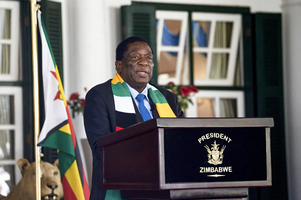 Zimbabwean President Emmerson looks on as he addresses a press conference at State House in Harare on Aug. 27, 2023. (JEKESAI NJIKIZANA/AFP via Getty Images)