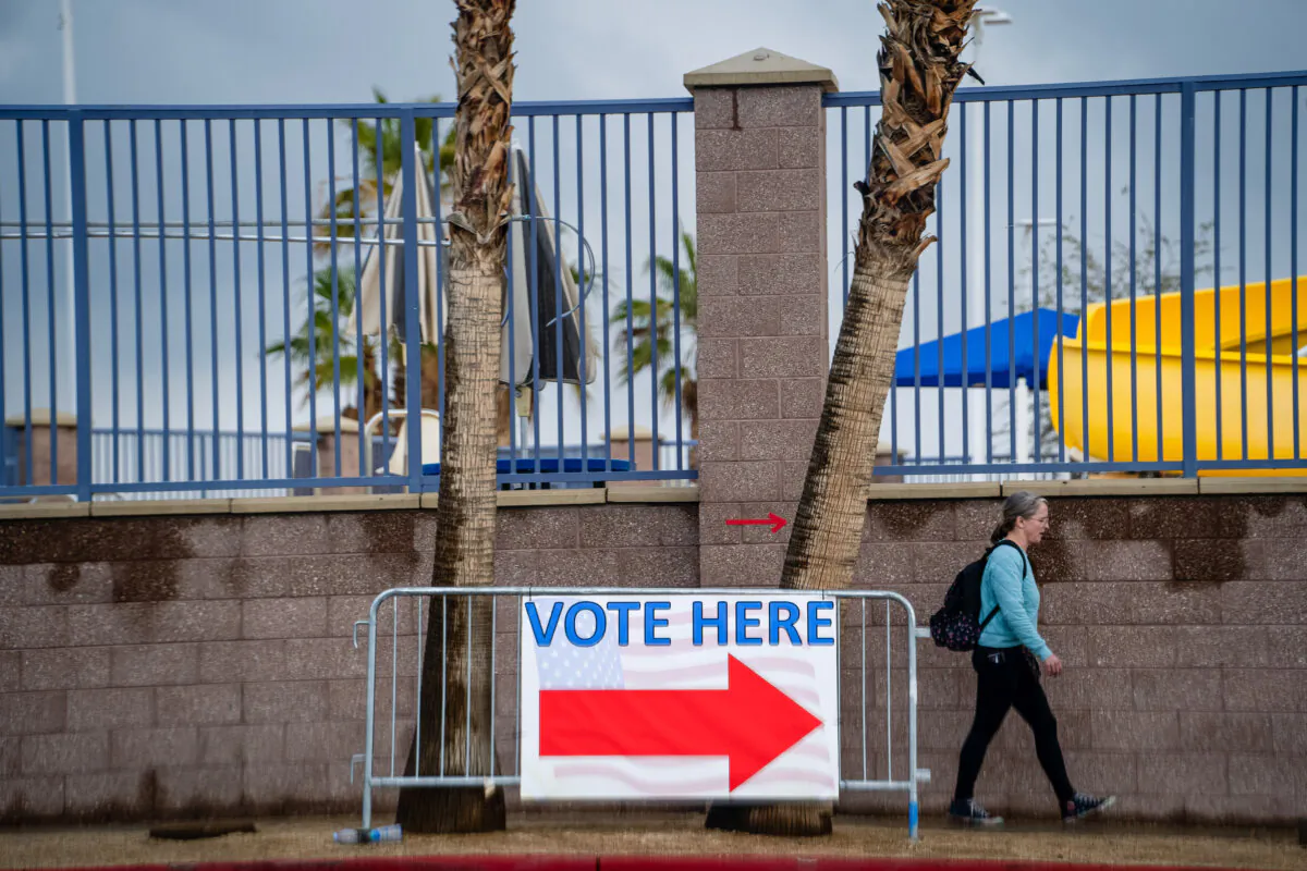 A vote sign in the primary election at the Desert Breeze Community Center in Spring Valley, Nev., on Feb. 6, 2024. (Madalina Vasiliu/The Epoch Times)