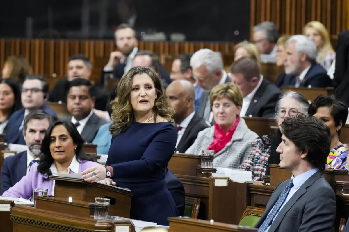 Deputy Prime Minister and Minister of Finance Chrystia Freeland rises in the House of Commons on April 16, 2024. (The Canadian Press/Adrian Wyld)