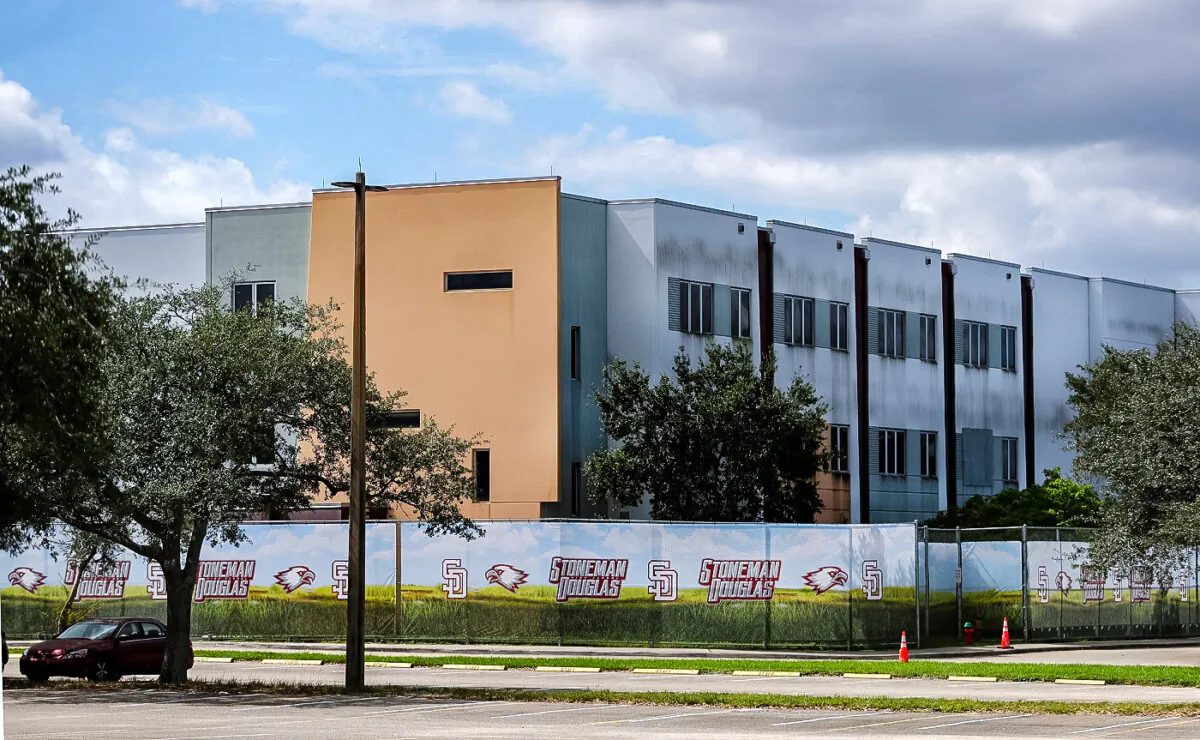 The 1200 building at Marjory Stoneman Douglas High School in Parkland, Fla., on Oct. 20, 2021. (Carline Jean/South Florida Sun-Sentinel via AP)