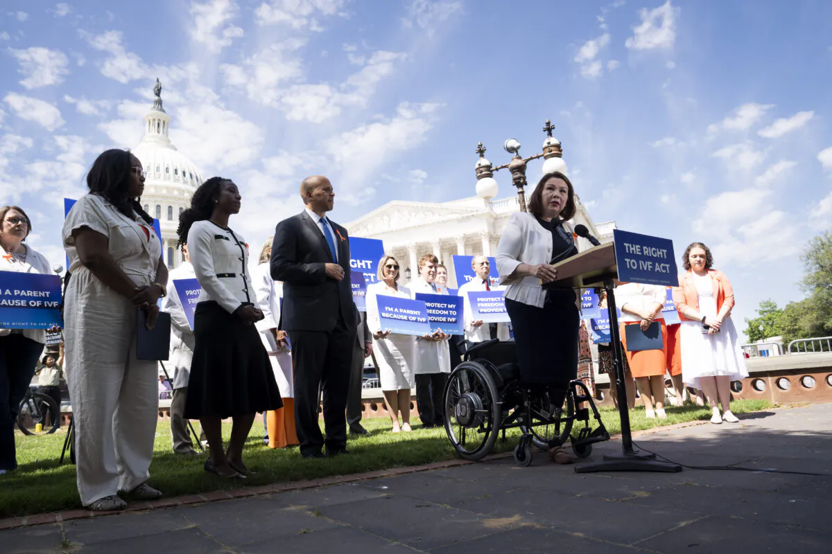 Sen. Tammy Duckworth (D-Ill.) speaks during a press conference about the IVF Act in Washington on June 12, 2024. (Madalina Vasiliu/The Epoch Times)