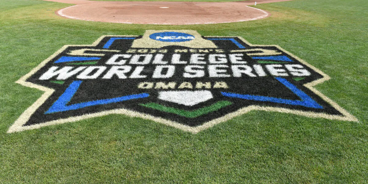 The College World Series logo at TD Ameritrade Park in Omaha, Neb., on June 25, 2018. (Peter Aiken/Getty Images)