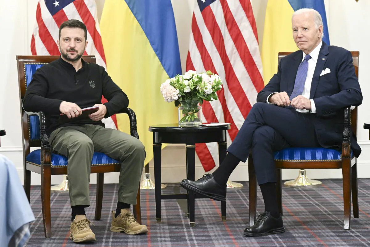 U.S. President Joe Biden (R) and Ukraine’s President Volodymyr Zelenskyy hold a bilateral meeting at the Intercontinental Hotel in Paris on June 7, 2024. (Saul Loeb/AFP via Getty Images)