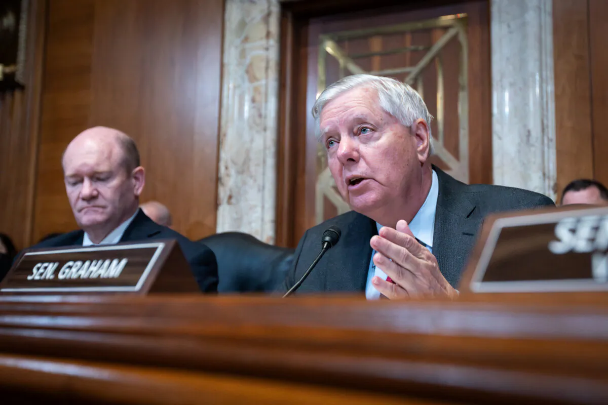Sen. Lindsey Graham (R-S.C.) speaks during a hearing in Washington on May 21, 2024. (Allison Bailey/Middle East Images/AFP via Getty Images)
