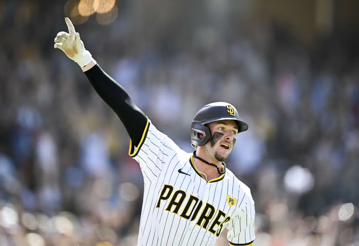 Jackson Merrill (3) of the San Diego Padres celebrates after hitting a walk-off solo home run during the ninth inning of a baseball game against the Oakland Athletics in San Diego on June 12, 2024. (Denis Poroy/Getty Images)