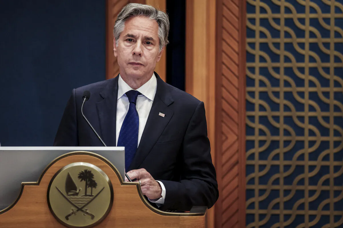 U.S. Secretary of State Antony Blinken gives a joint press conference with his Qatari counterpart in Doha on June 12, 2024. (Karim Jaafar/AFP via Getty Images)