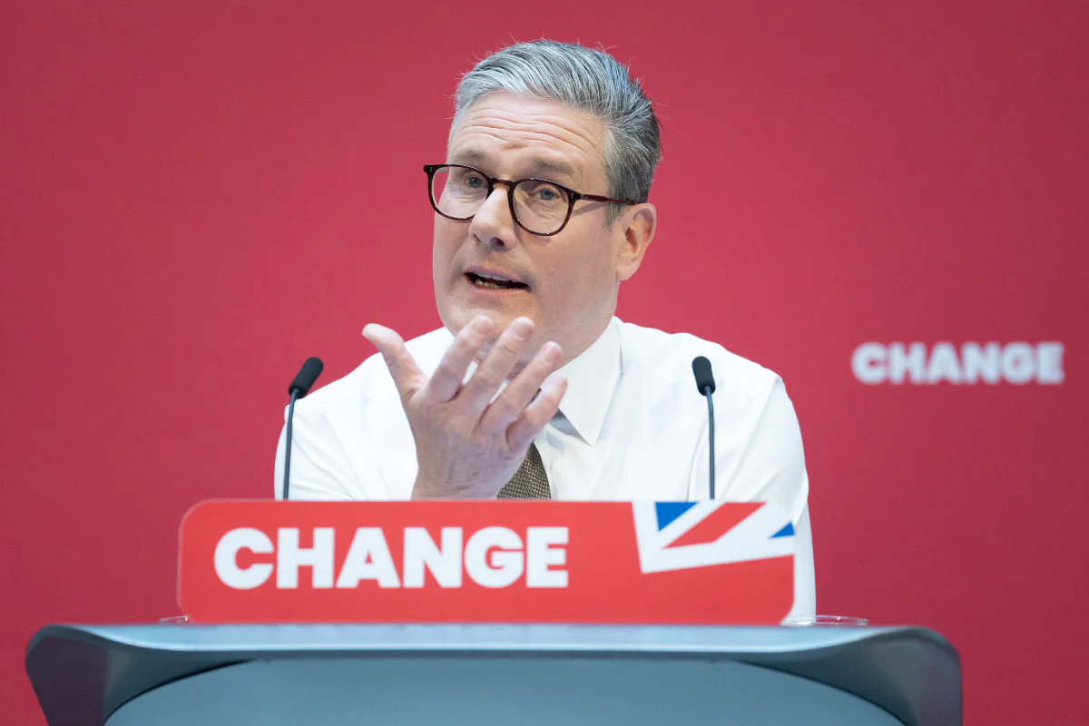 Labour Party leader Sir Keir Starmer launches his party's manifesto while on the General Election campaign trail at Co-op HQ in Manchester, England, on June 13, 2024. (Stefan Rousseau/PA Wire)