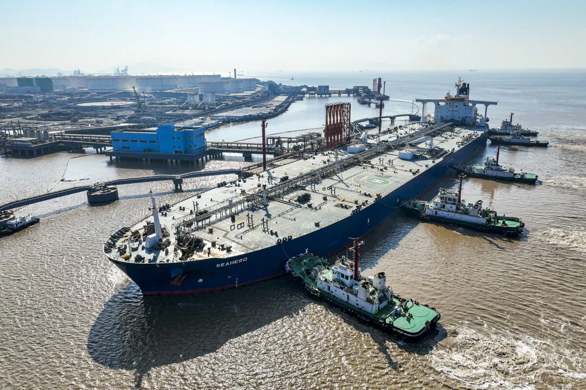 An aerial view shows a crude oil tanker at an oil terminal off Waidiao island in Zhoushan, Zhejiang Province, China, on Jan. 4, 2023. (China Daily via Reuters)