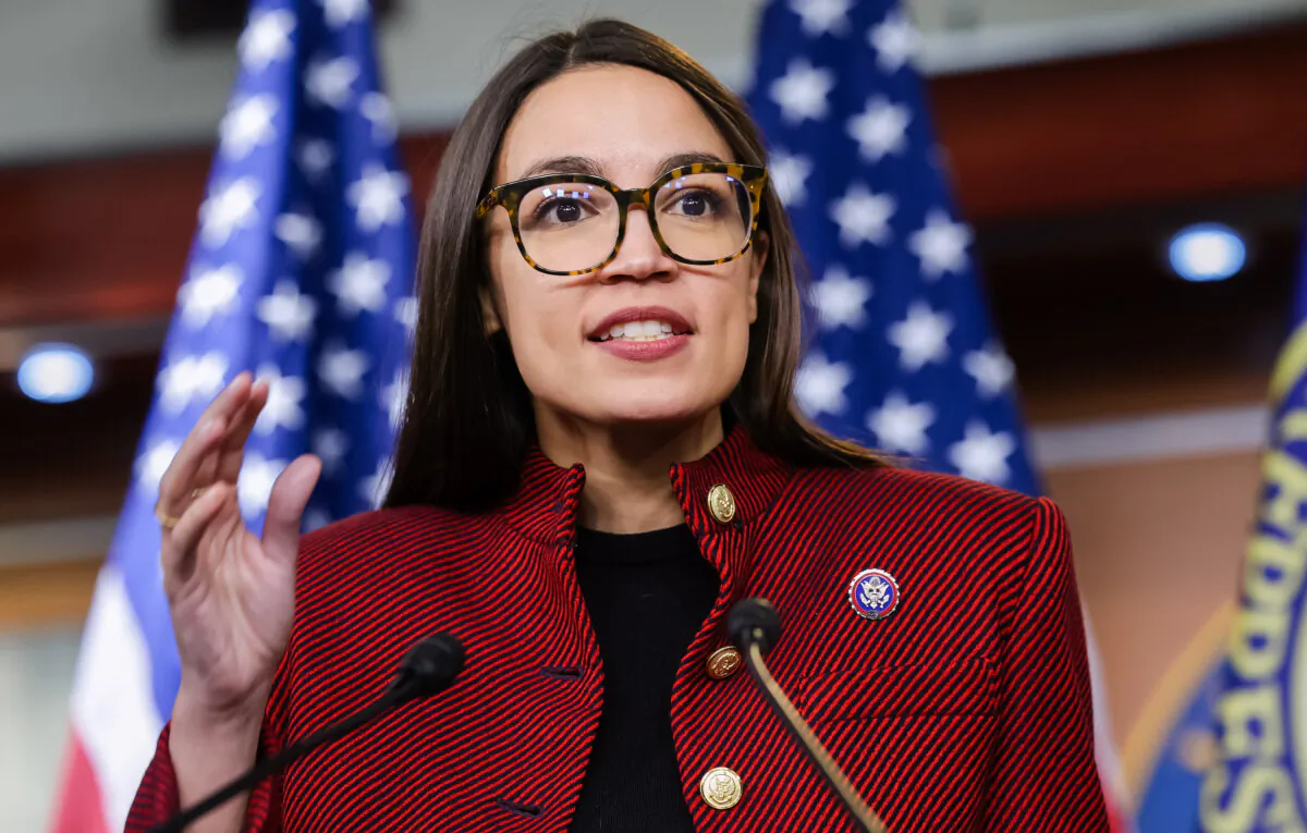 Rep. Alexandria Ocasio-Cortez (D-N.Y.) at a press conference on April 7, 2022. (Kevin Dietsch/Getty Images)