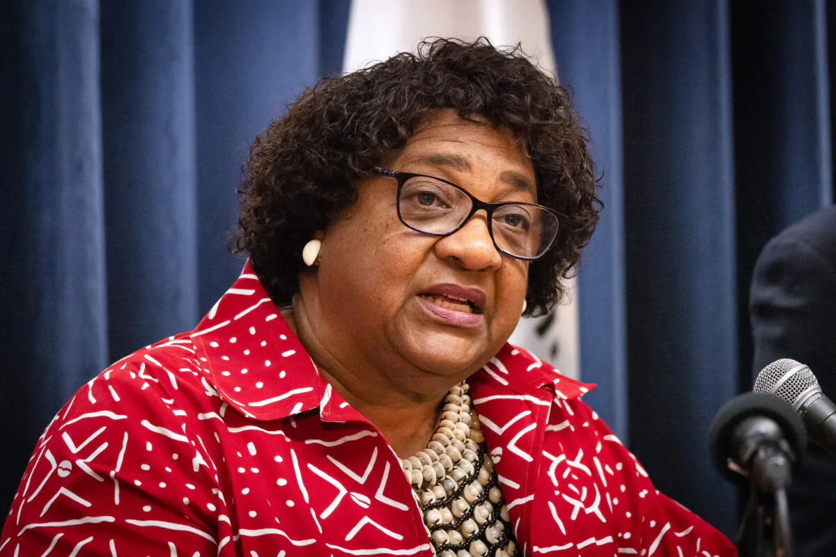 California's Secretary of State Shirley Weber speaks in Los Angeles, Calif., on April 15, 2024. (John Fredricks/The Epoch Times)