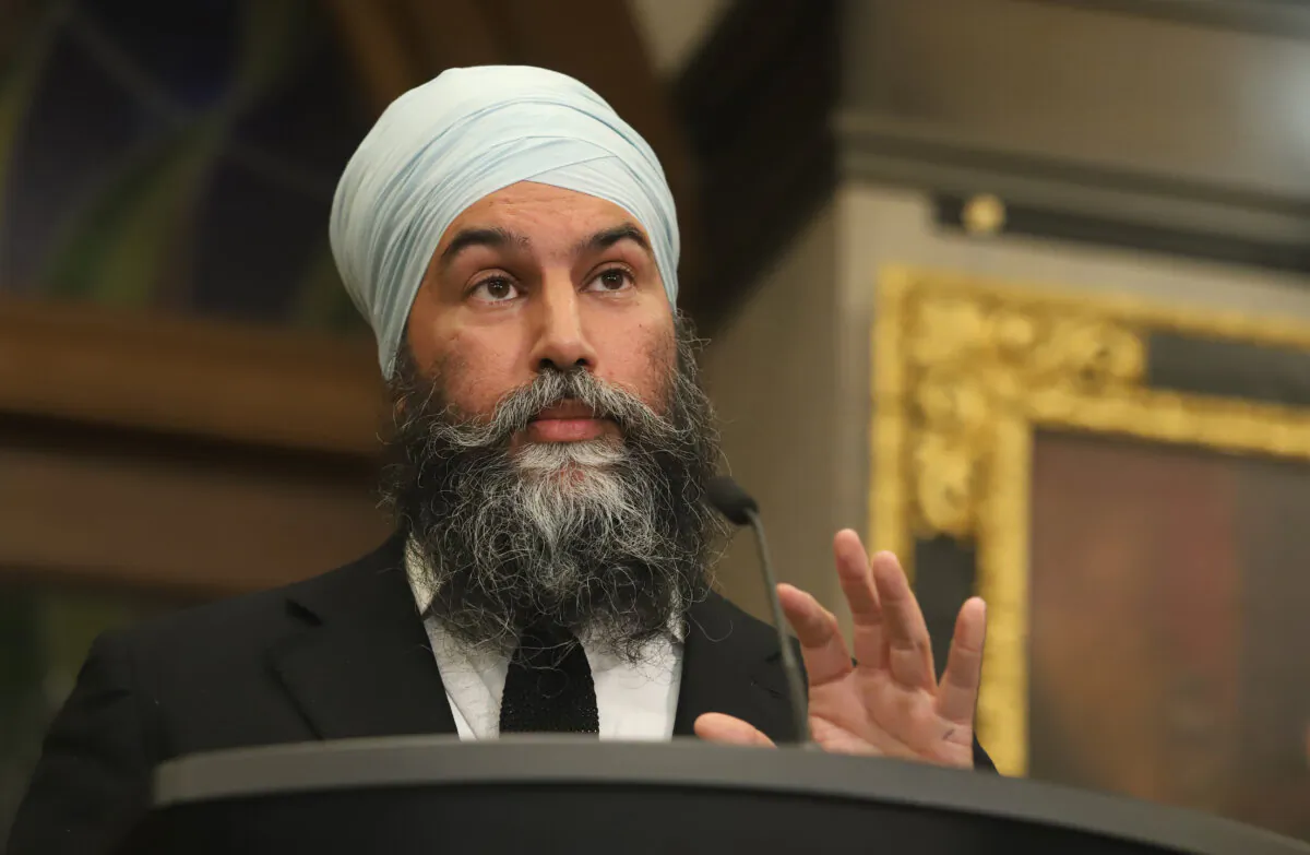 NDP Leader Jagmeet Singh speaks in the Foyer of the House of Commons about the NSICOP report, on Parliament Hill in Ottawa, on June 13, 2024. (The Canadian Press/ Patrick Doyle)