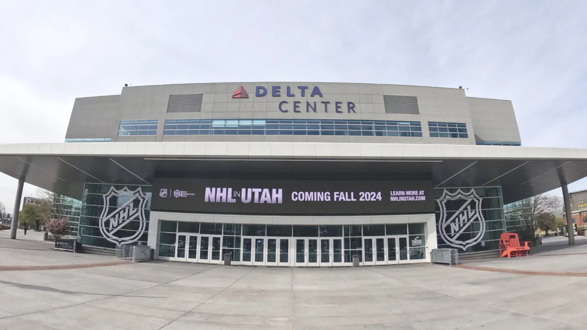 Signs celebrating an NHL team in Utah are displayed at the Delta Center in Salt Lake City on April 19, 2024. (Rick Bowmer/AP Photo)