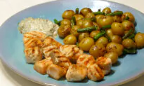Salmon Kebabs With Dill Tartar Sauce and New Potatoes With Green Beans