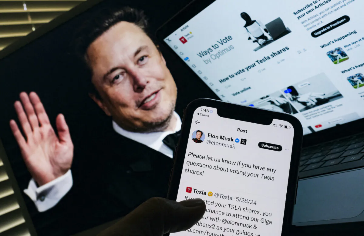 This illustration image created on June 12, 2024, in Los Angeles, shows businessman Elon Musk's campaign launched on X ahead of Tesla shareholders meeting in front of his picture on a screen. (Chris Delmas/AFP via Getty Images)