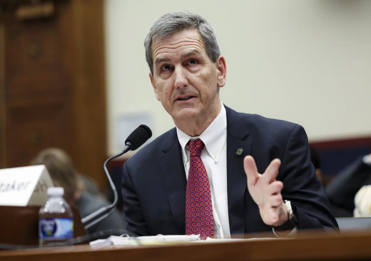 Federal Aviation Administration Administrator Michael Whitaker testifies before the House Transportation and Infrastructure Committee in Washington on Feb. 6, 2024. (Kevin Dietsch/Getty Images)