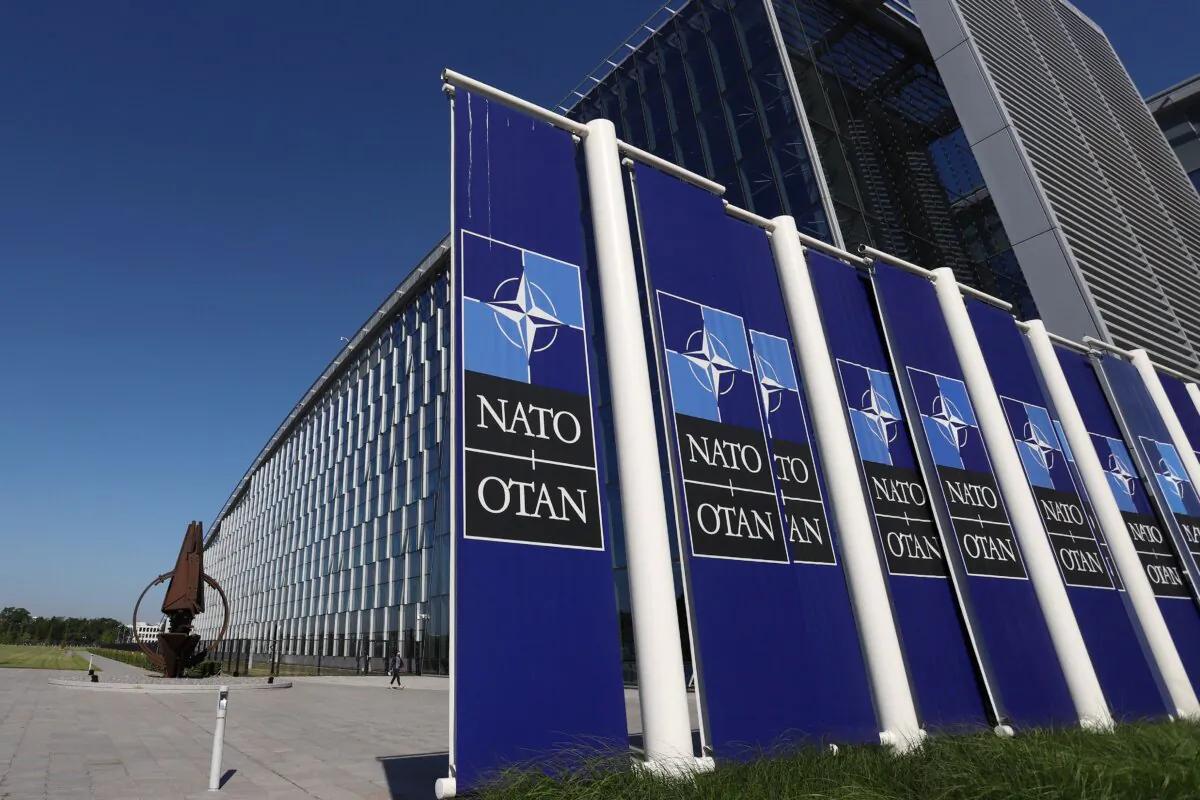 North Atlantic Treaty Organization (NATO) logos at the NATO headquarters in Brussels on June 15, 2022. (VALERIA MONGELLI/AFP via Getty Images)