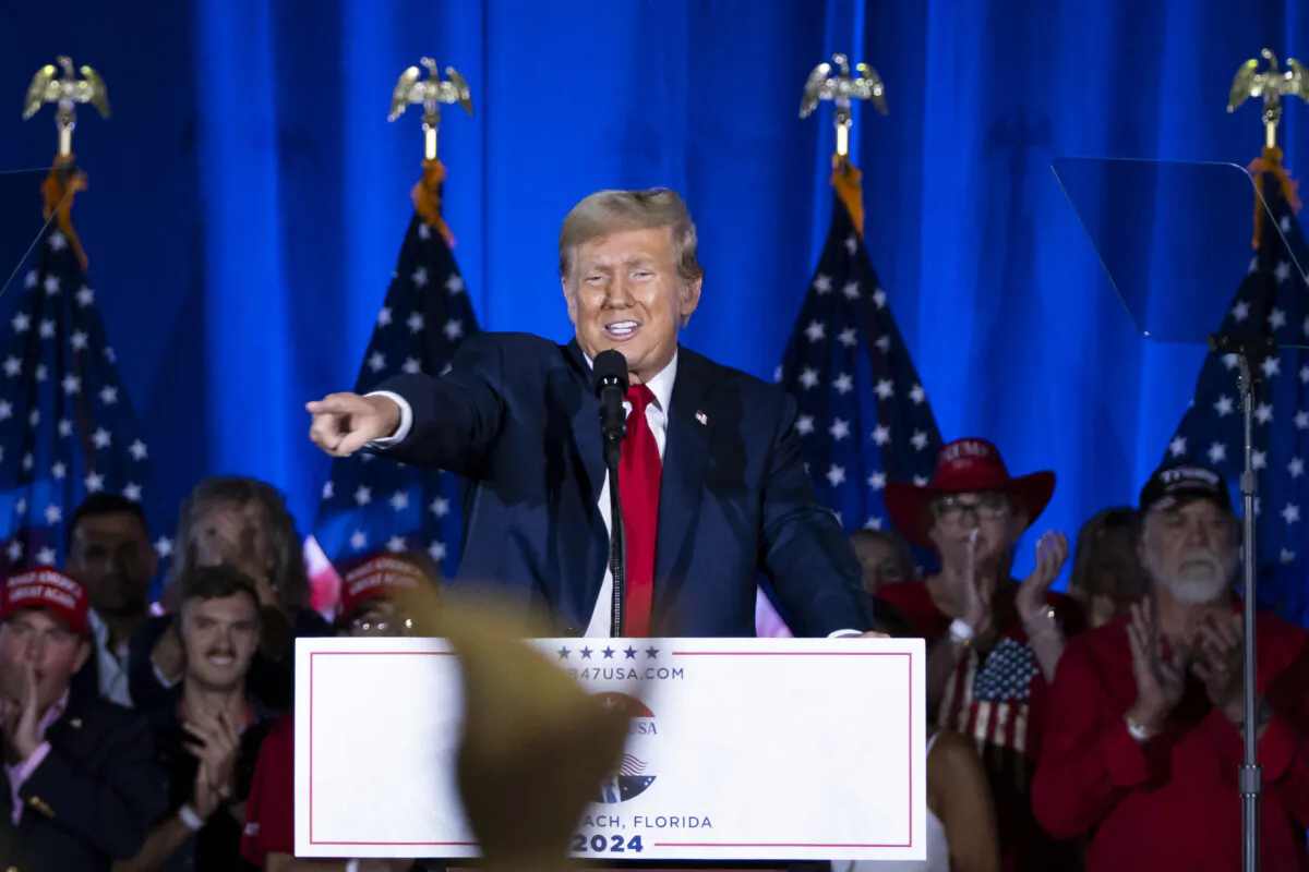 Former President Donald J. Trump speaks at his 78th birthday party event at the Palm Beach County Convention Center in West Palm Beach, Fla., on June 14, 2024. (Madalina Vasiliu/The Epoch Times)