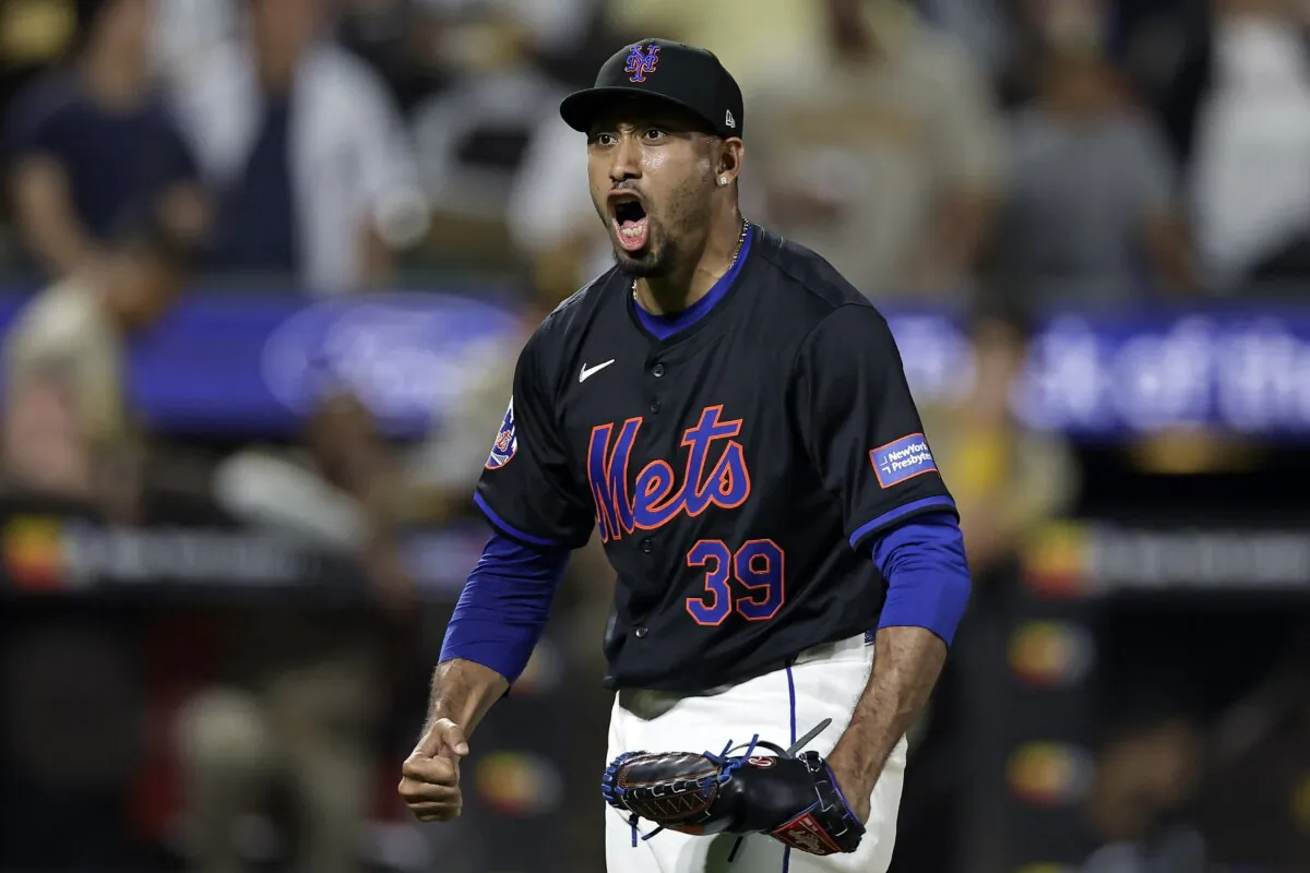 New York Mets' Edwin Diaz reacts after the final out during the ninth inning of a baseball game against the San Diego Padres in New York on June 14, 2024. (Adam Hunger/AP Photo)