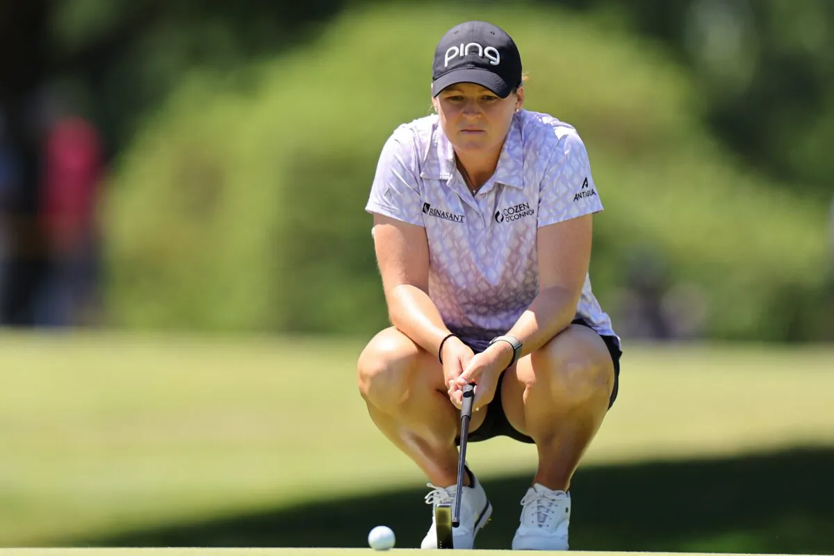 Ally Ewing of the United States lines up a putt on the 17th green during the second round of the Meijer LPGA Classic for Simply Give in Grand Rapids, Mich., on June 14, 2024. (Michael Reaves/Getty Images)