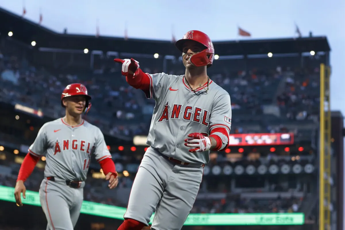 Zach Neto (9) of the Los Angeles Angels celebrates after hitting a two-run home run in the top of the fourth inning against the San Francisco Giants in San Francisco on June 14, 2024. (Lachlan Cunningham/Getty Images)
