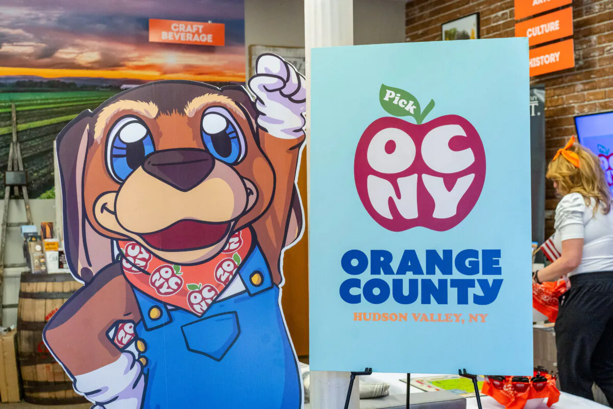 Orange County Tourism new mascot and logo designs in Goshen, N.Y., on June 13, 2024. (Cara Ding/The Epoch Times)
