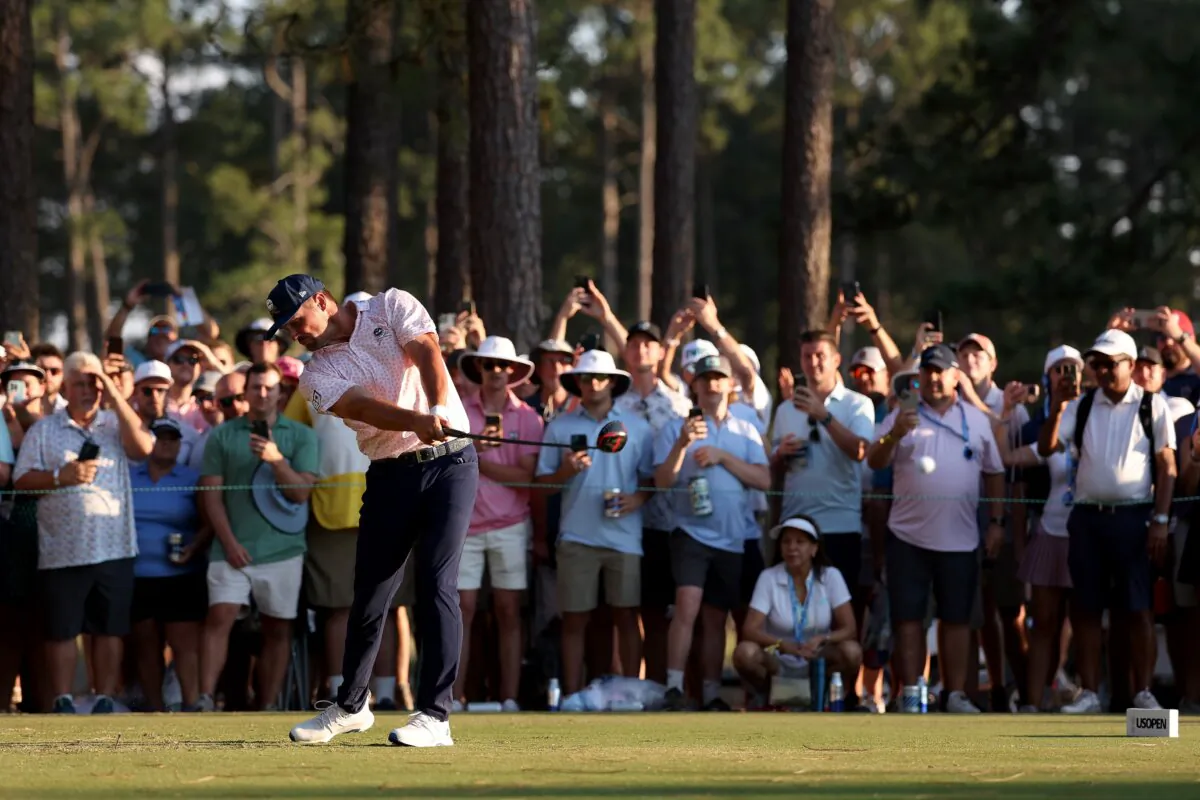 Bryson DeChambeau of the United States hits a tee shot on the 16th hole during the third round of the 124th U.S. Open at Pinehurst Resort in Pinehurst, N.C., on June 15, 2024. (Gregory Shamus/Getty Images)