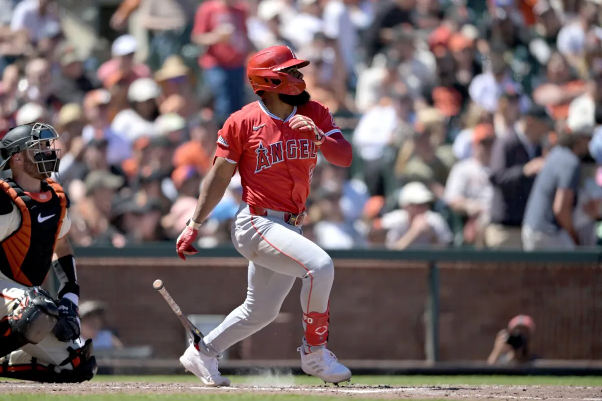 Luis Rengifo (2) of the Los Angeles Angels hits a single in the seventh inning against the San Francisco Giants in San Francisco on June 15, 2024. (Brandon Vallance/Getty Images)